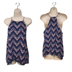 Paper Crane Womens Halter Neck Sleeveless Blouse Top Size Large Multicolor Navy